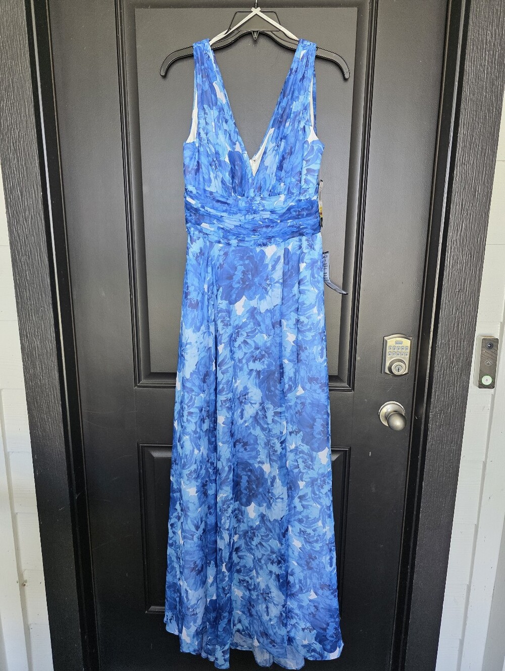 NWT Betsy & Adam Blue Floral Chiffon V Neck Pleated Maxi Gown Dress 6 $259 - Picture 5 of 15